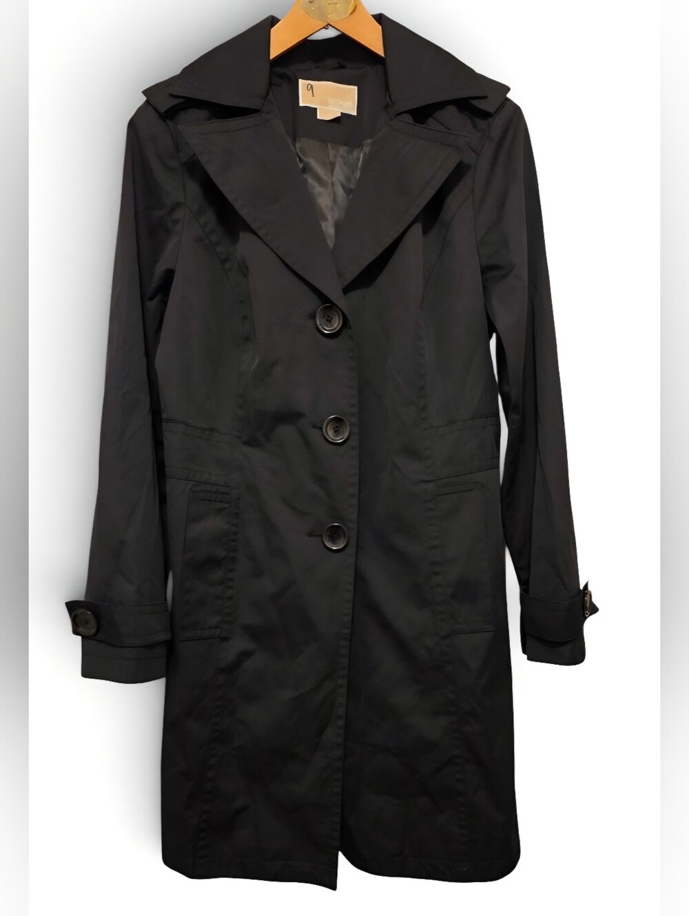 Michael Kors Black Single Breasted Mock Belt Trench Coat W/ Pockets Sz M